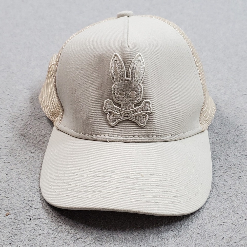 Psycho Bunny Men Trucker Cap One Size Beige Curved Snapback Embroidered Logo